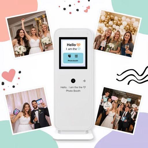 Collage of wedding photo booth moments with guests posing, centered around a modern photo booth machine.